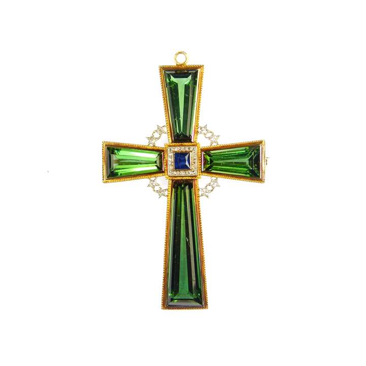 Early 20th century green tourmaline, sapphire and diamond cross pendant